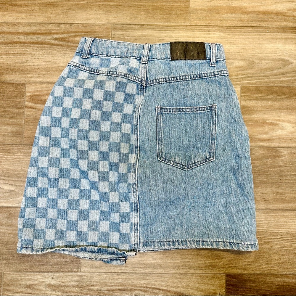 Asymmetrical Lazy Oaf 100% Cotton Half-Checkered Blue Denim Mini Skirt - Picture 2 of 10
